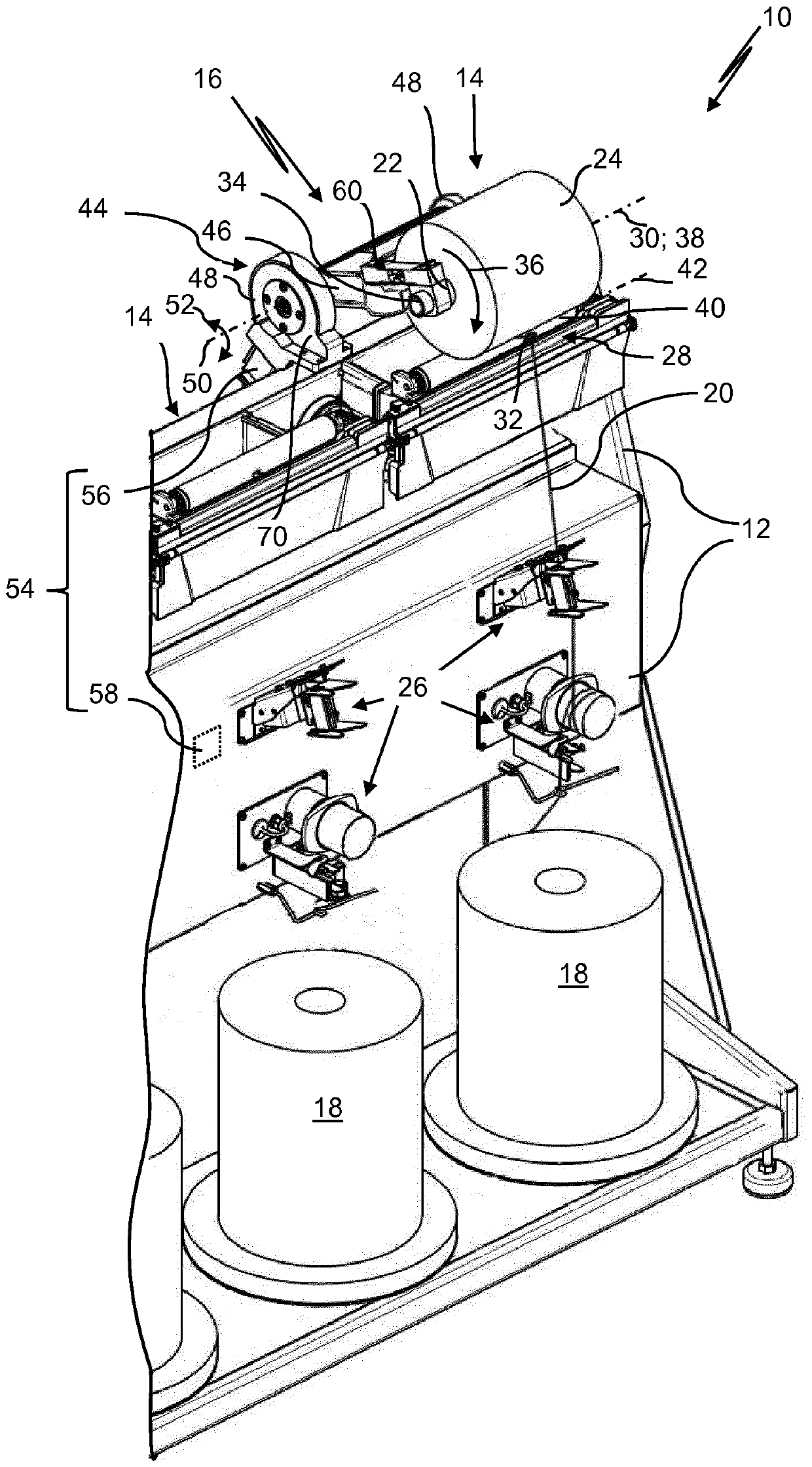 Winding device with support roller and pressing force-regulating device, and thread processing machine