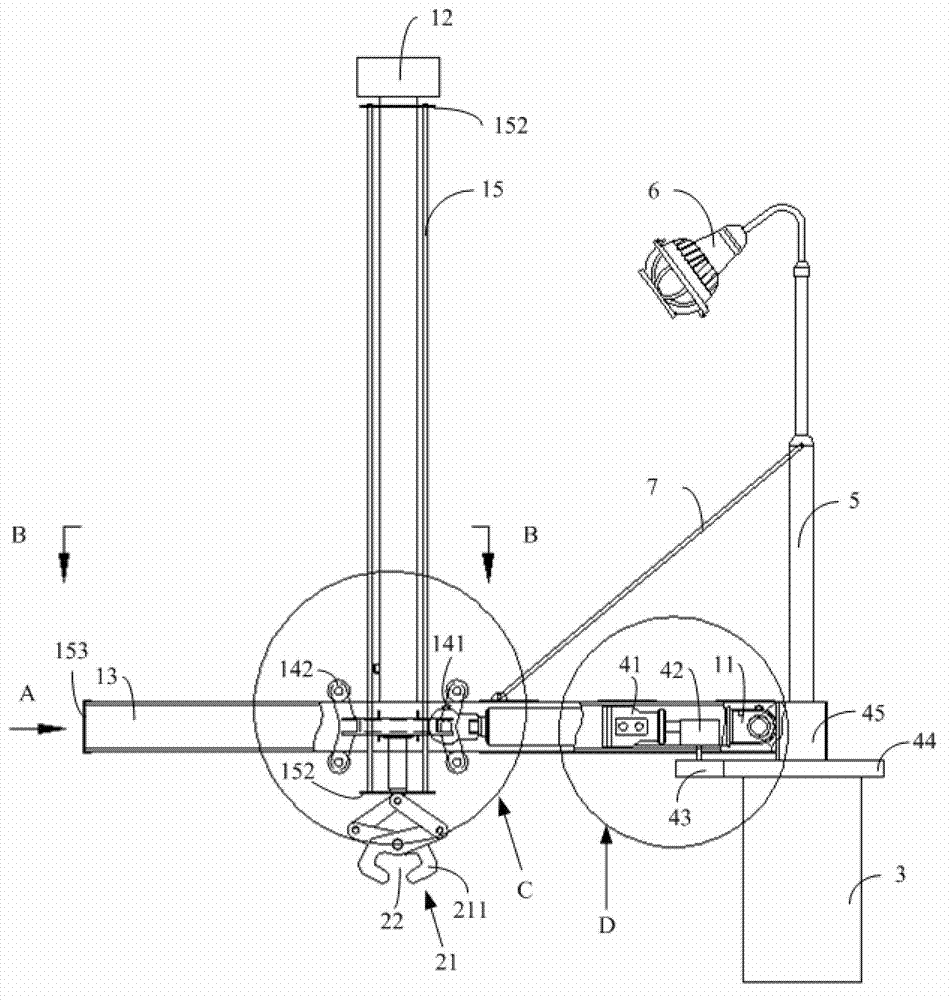 Lifting device and long steel rail transport vehicle set