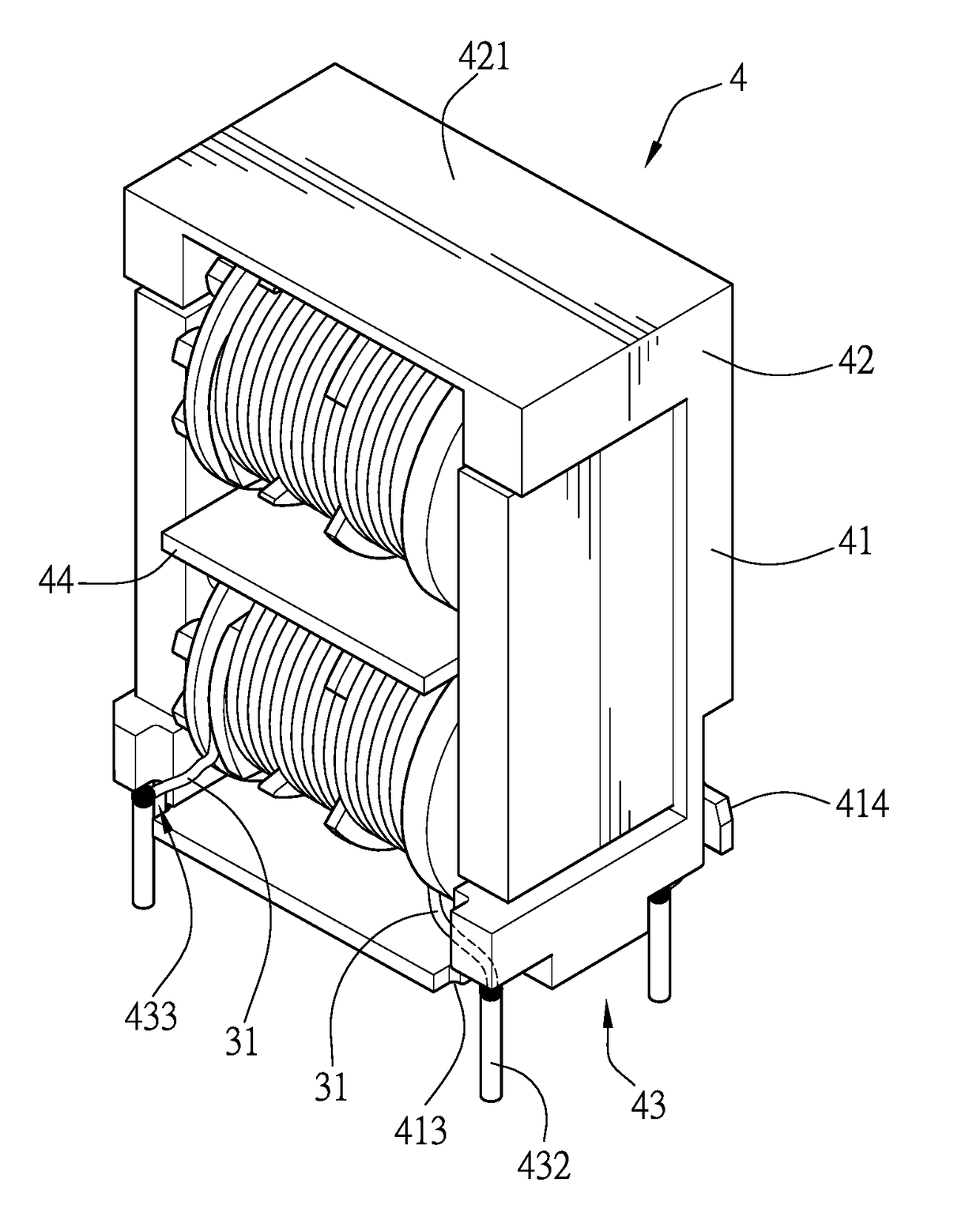 Upright composite common mode coil assembly