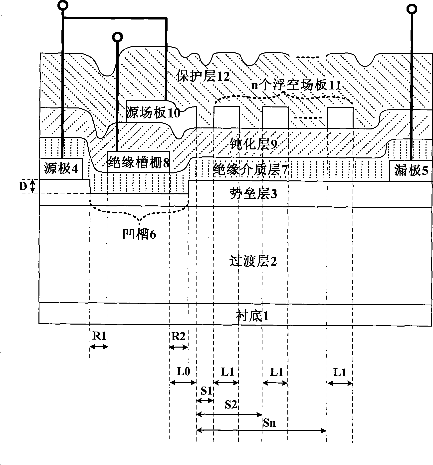 Heterojunction field effect transistor for groove insulated gate type multiple source field plate