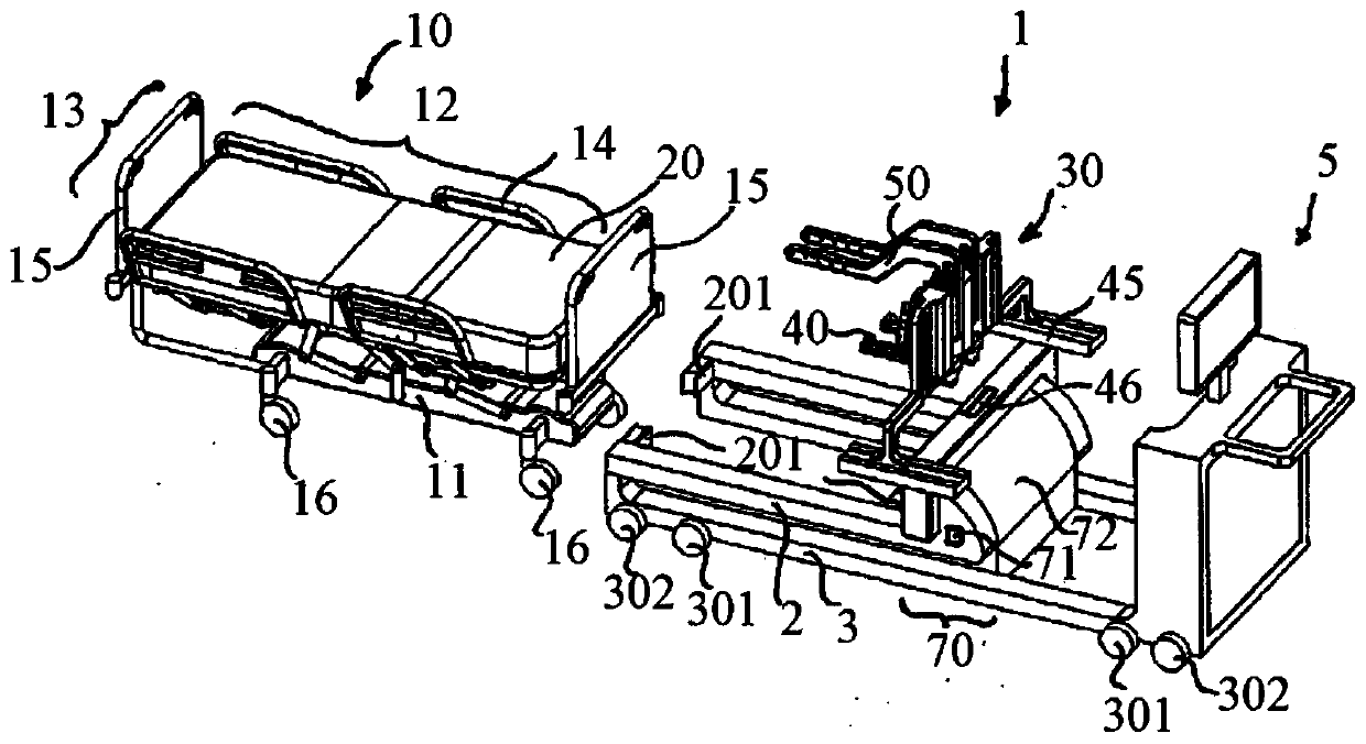 Device for converting a bed, in particular a care bed, sick bed, hospital bed, or intensive-care bed, from a horizontal position into an inclined position with respect to the longitudinal sides of the bed