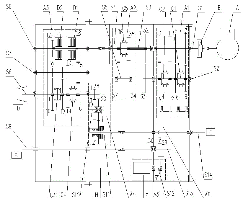 Power reversing tractor transmission system of main clutch between main speed variator and auxiliary speed variator