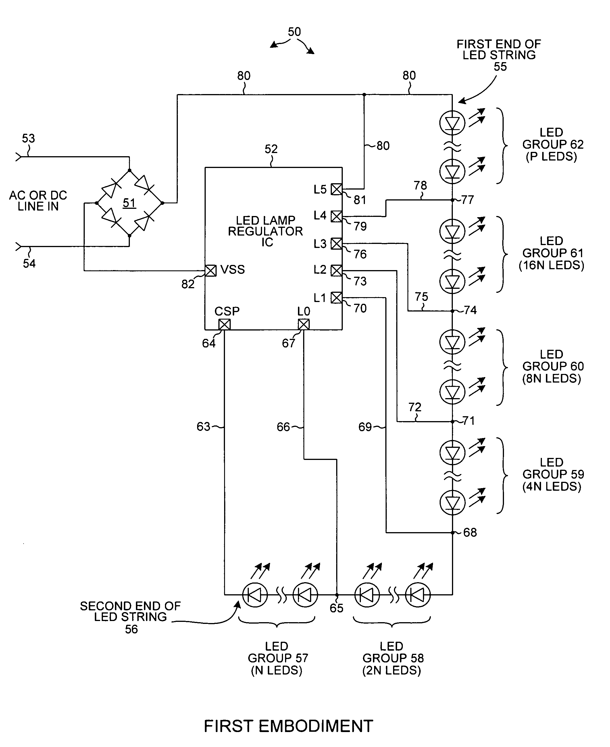 Reduced flicker AC LED lamp with separately shortable sections of an LED string