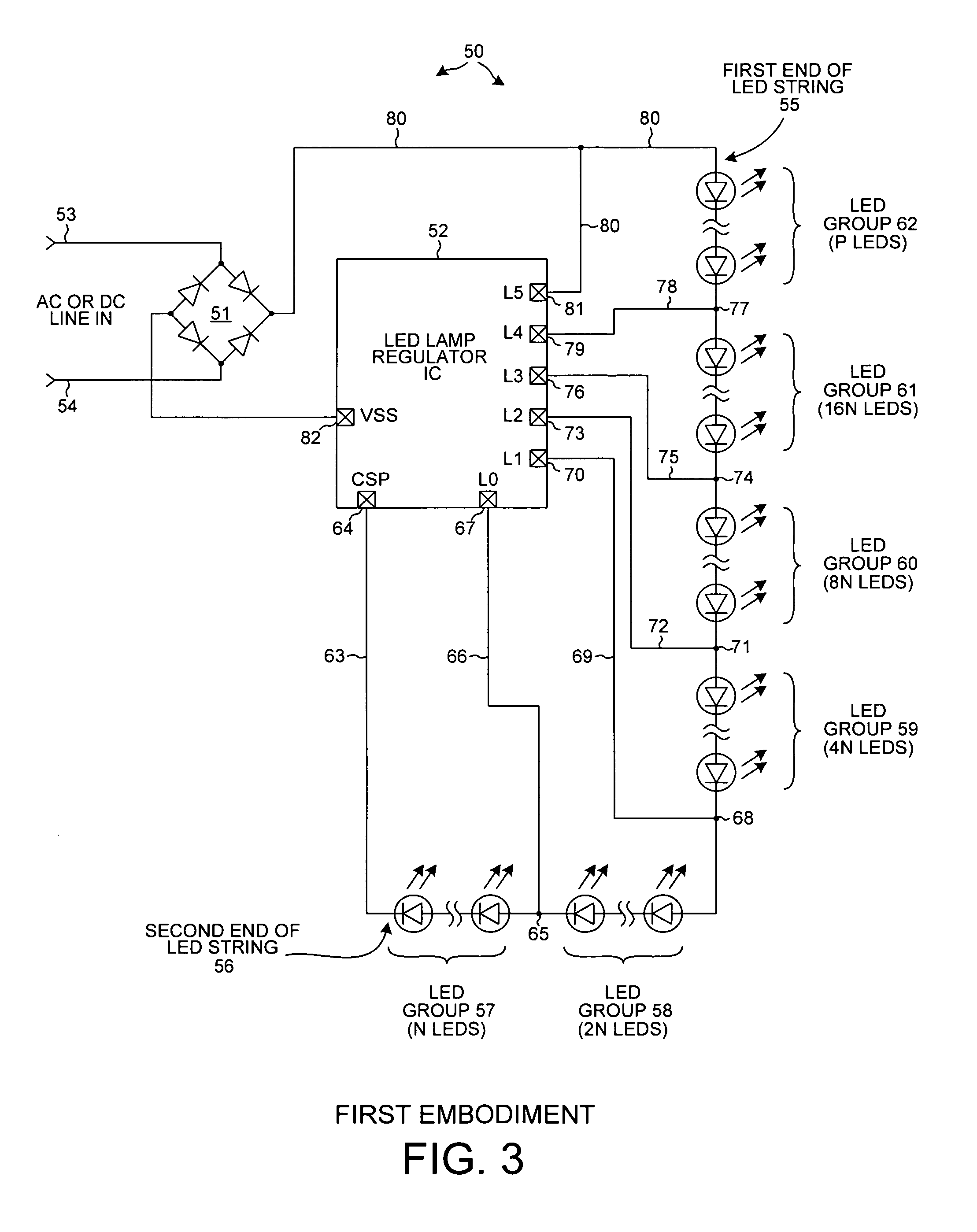 Reduced flicker AC LED lamp with separately shortable sections of an LED string