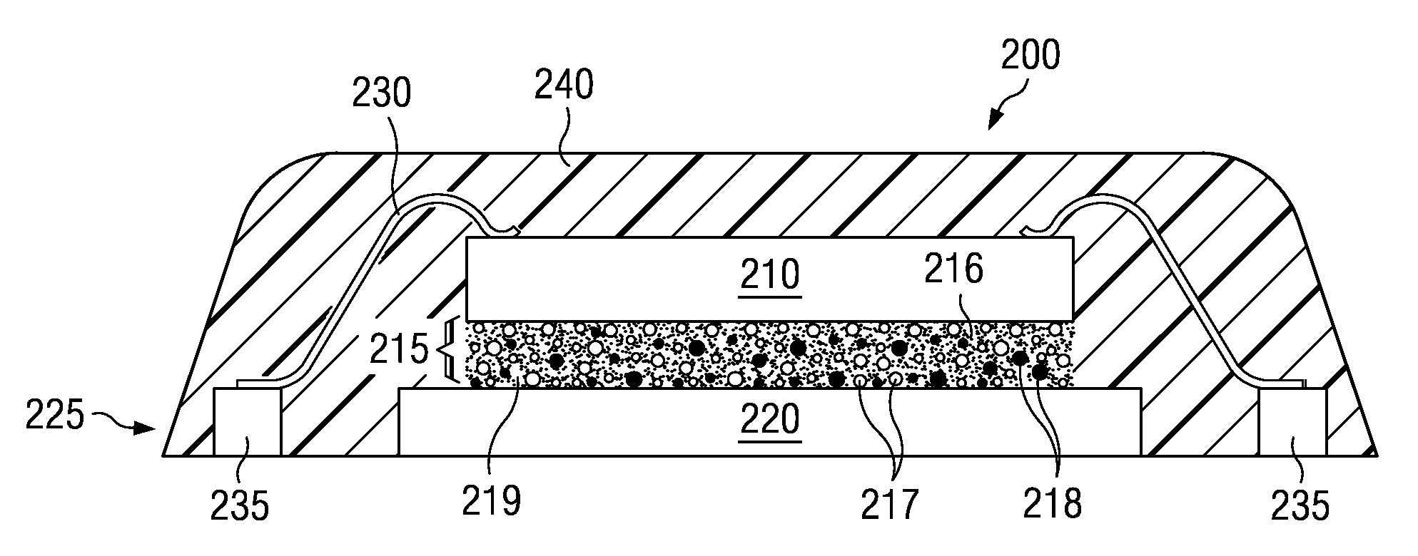 Packaged electronic device having metal comprising self-healing die attach material