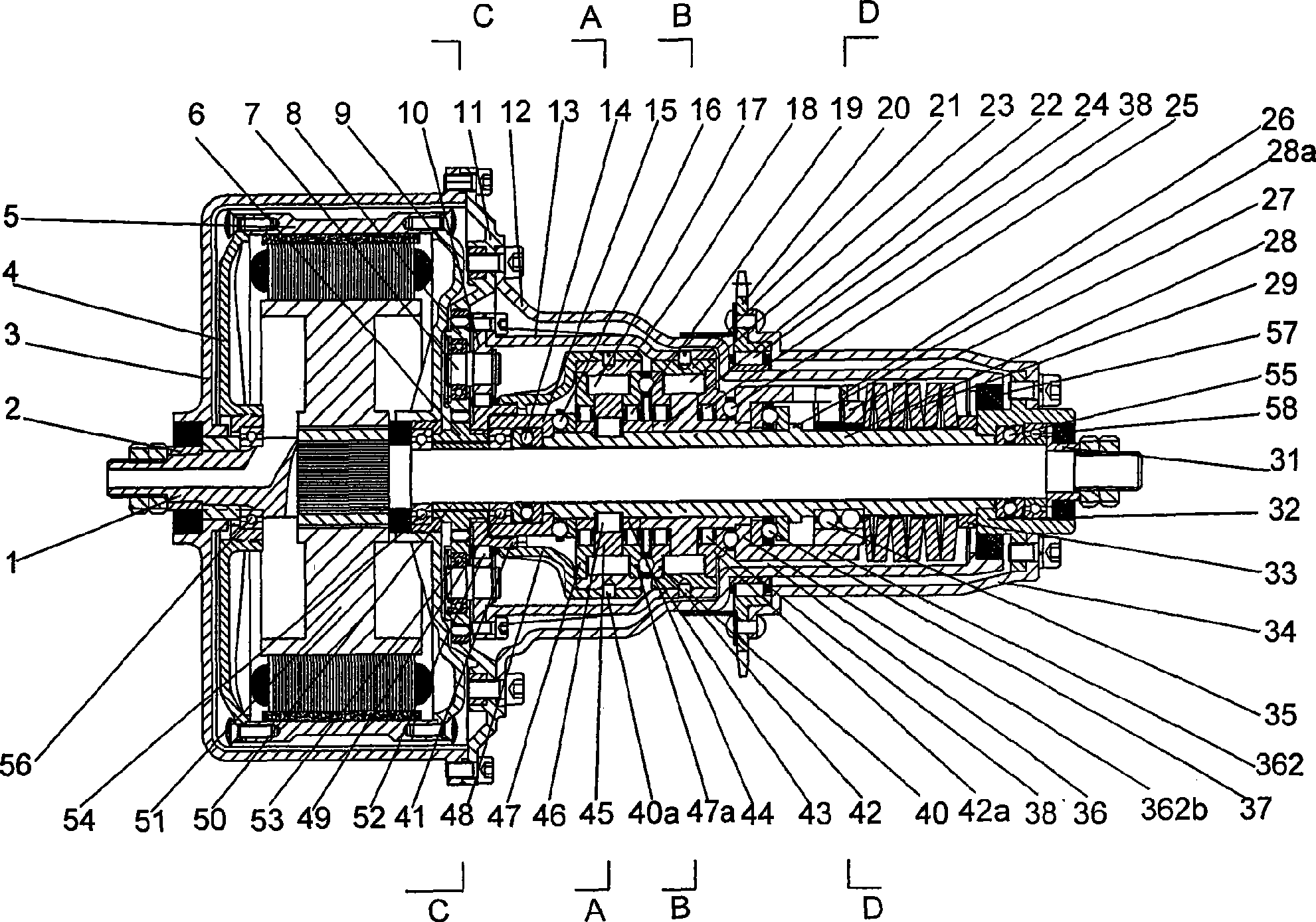 Middle arranging type planetary gear two-shift automatic speed variator