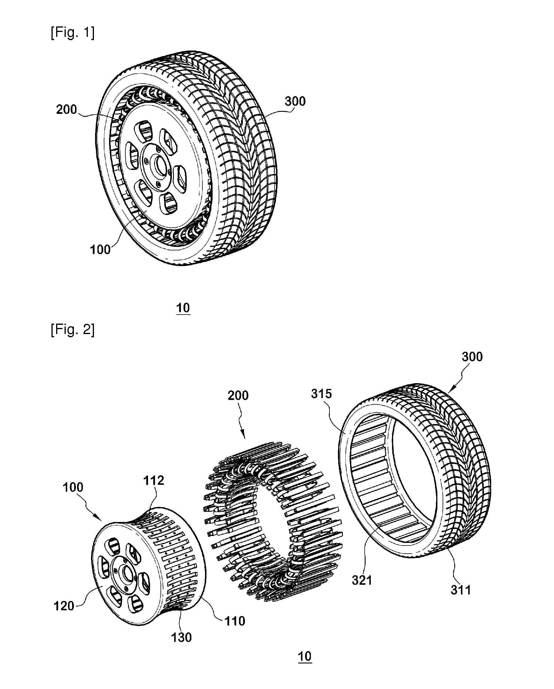 Non-pneumatic wheel and wheel, suspension and tire used therein