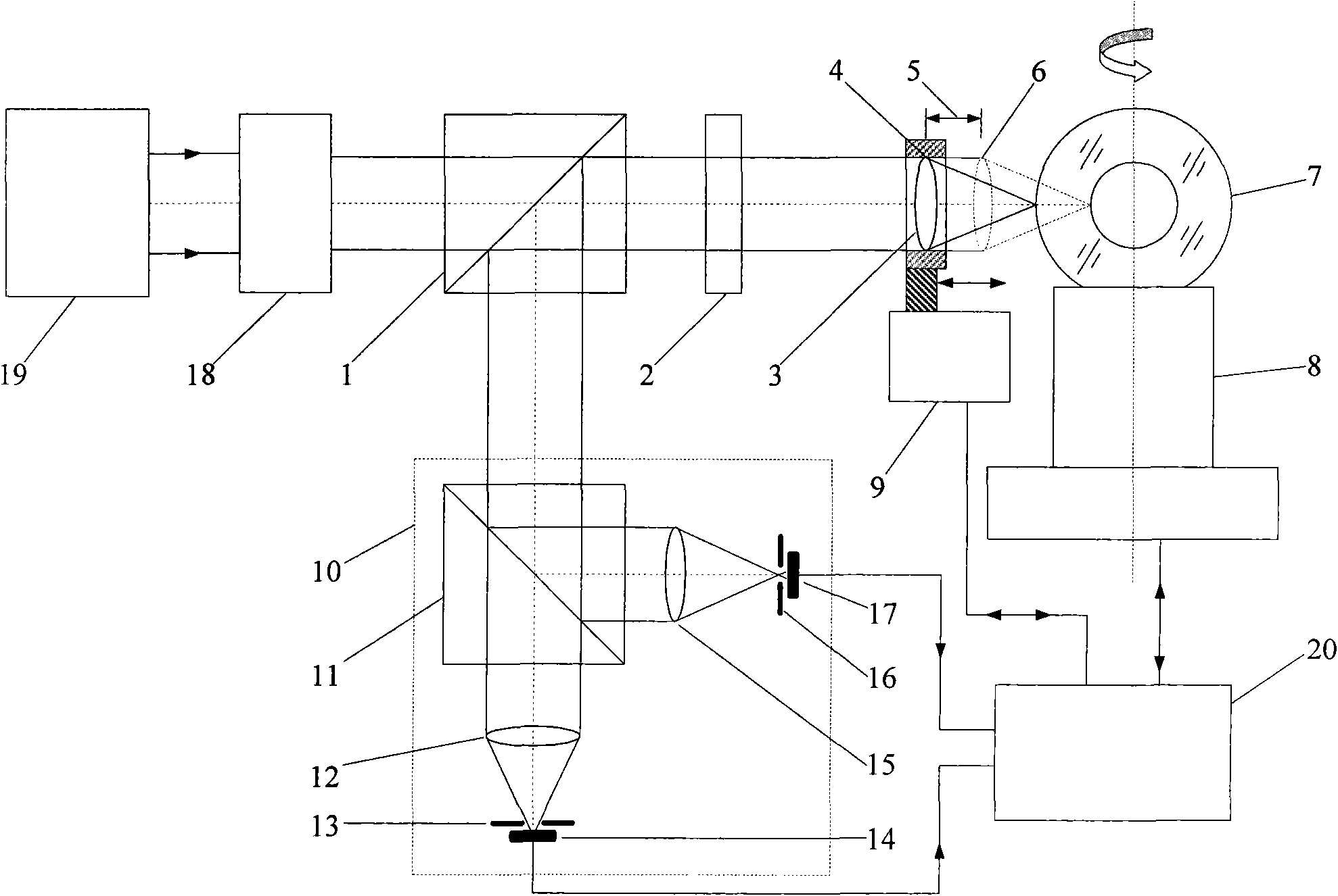 Method for measuring inside and outside outline as well as wall thickness of differential confocal targeting trigger-type hollow sphere and device therefor