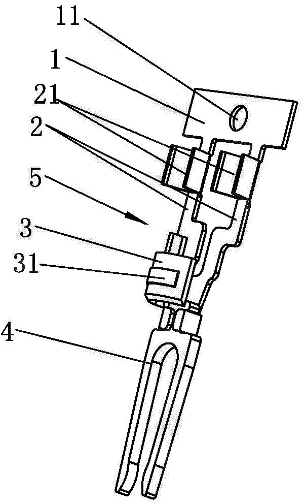 DC plug metal contact and metal contact flat cable capable of automatically crimping