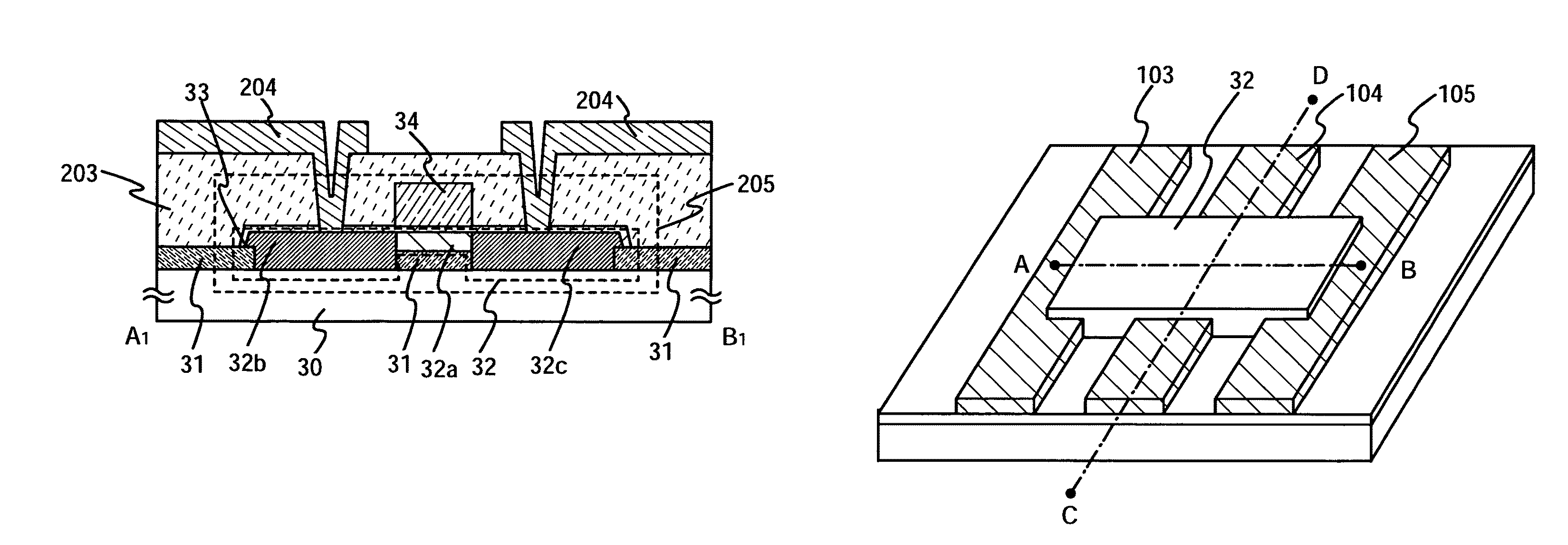 TFT device with channel region above convex insulator portions and source/drain in concave between convex insulator portions