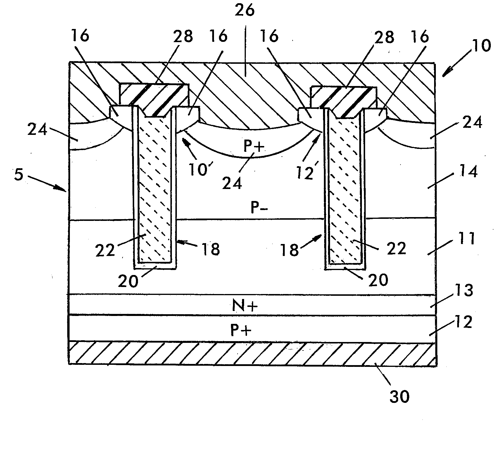 Variable threshold trench IGBT with offset emitter contacts