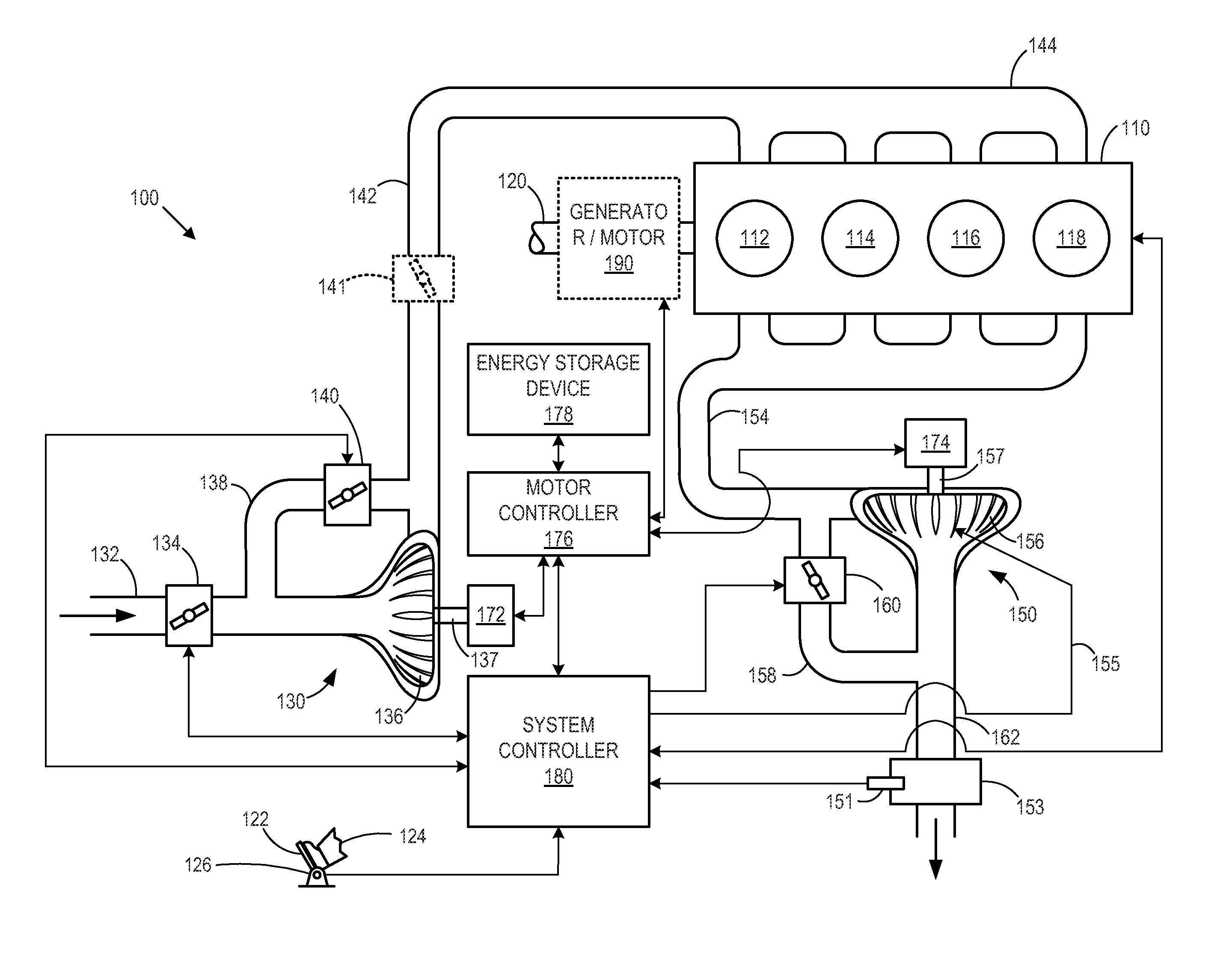 Compression system for internal combustion engine including a rotationally uncoupled exhaust gas turbine