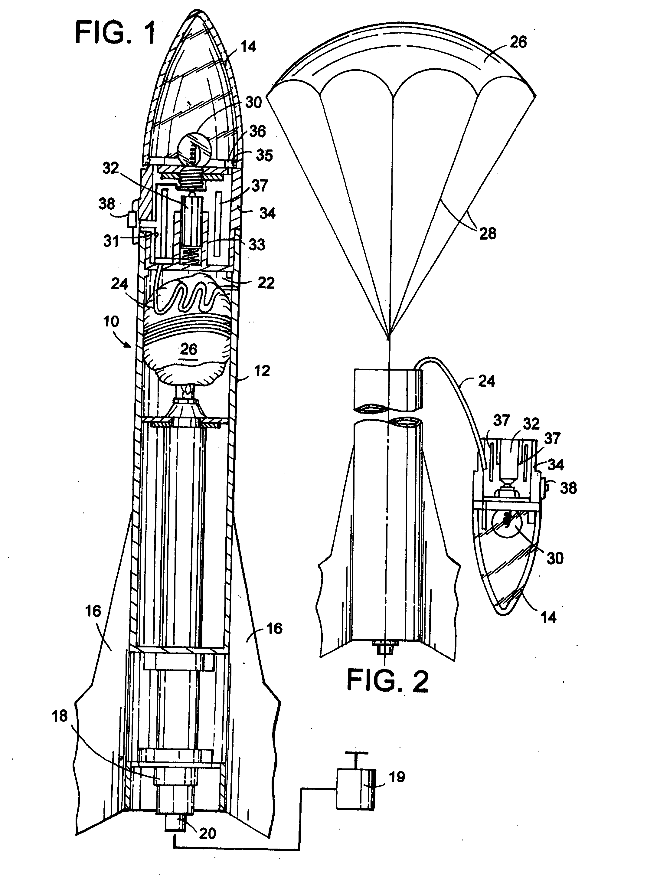 Airborne device such as model rocket with light and sound for observing and retrieving