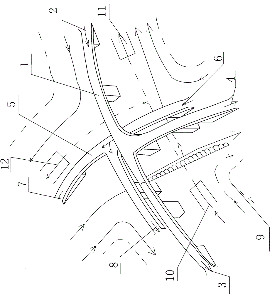 Four t-shaped three-dimensional bridge in modern city