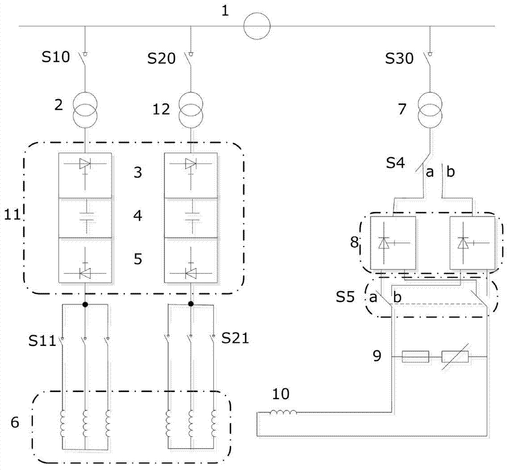 Redundancy medium voltage alternating current-direct current-alternating current frequency conversion device of duplex winding synchronous motor of mine hoist