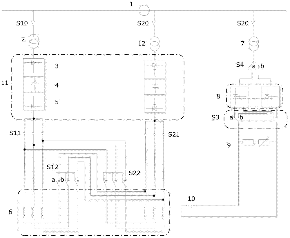 Redundancy medium voltage alternating current-direct current-alternating current frequency conversion device of duplex winding synchronous motor of mine hoist