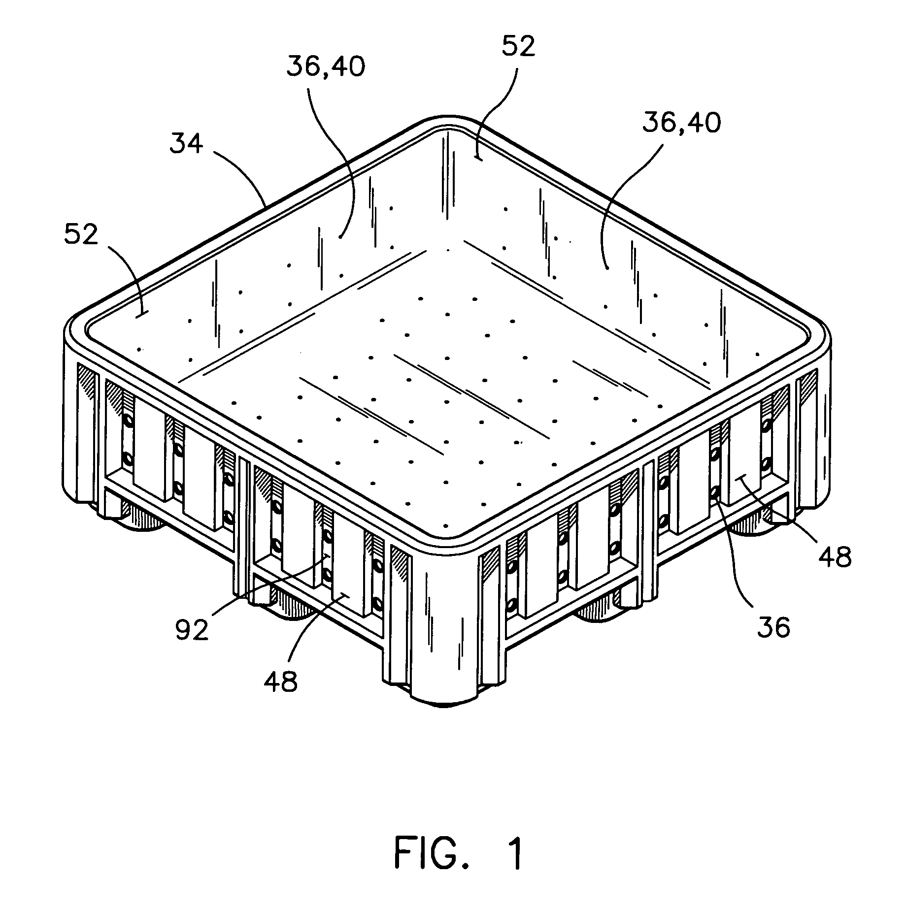 Double-wall plastic produce container having ventilation holes therein, and mold for the manufacture thereof