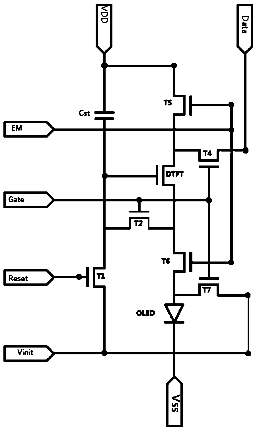 Circuit and method for detecting characteristics of transistor in pixel region of LTPSAMOLED display substrate