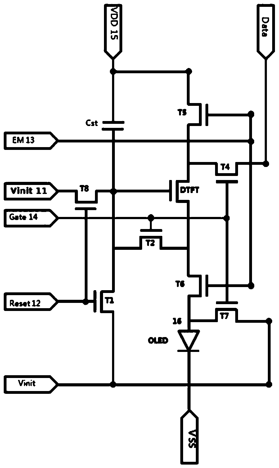 Circuit and method for detecting characteristics of transistor in pixel region of LTPSAMOLED display substrate