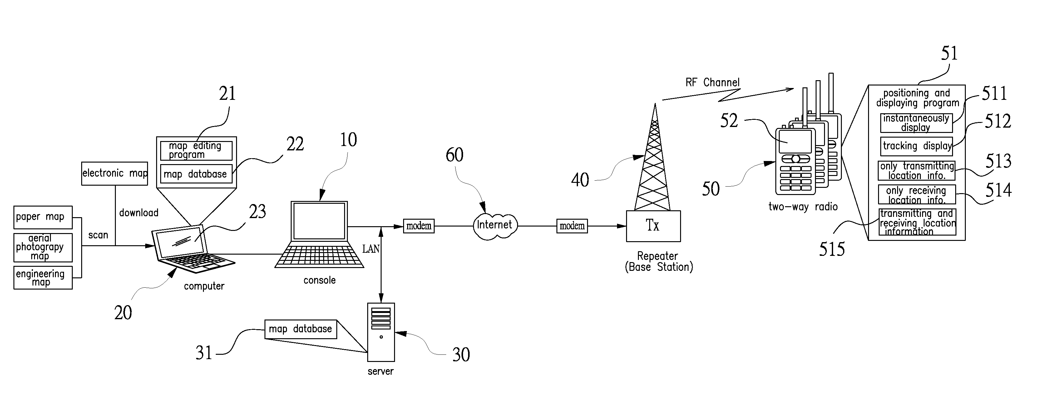 Method for making an electronic map for use in a GPS radio communication device by utilizing a paper map under a condition of no GPS electronic map provided