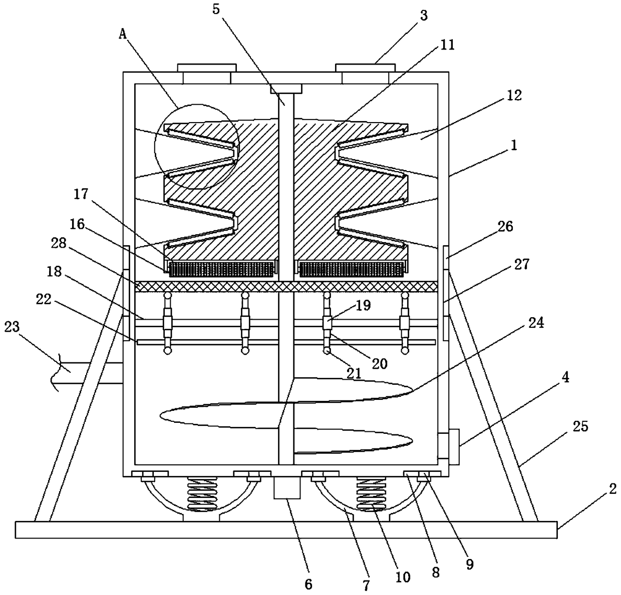 Agricultural shock-absorbing integrated crushing-dissolving device for fertilizer particles