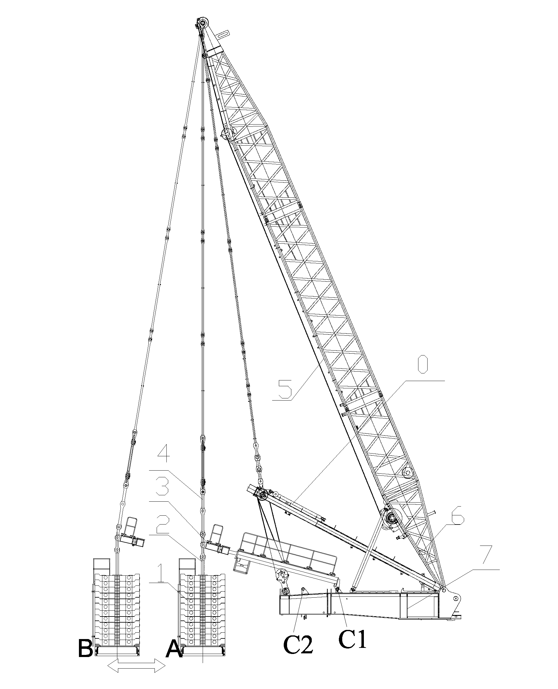 Stepless luffing mechanism for super-lifting counterweight of crawler crane and operating method thereof