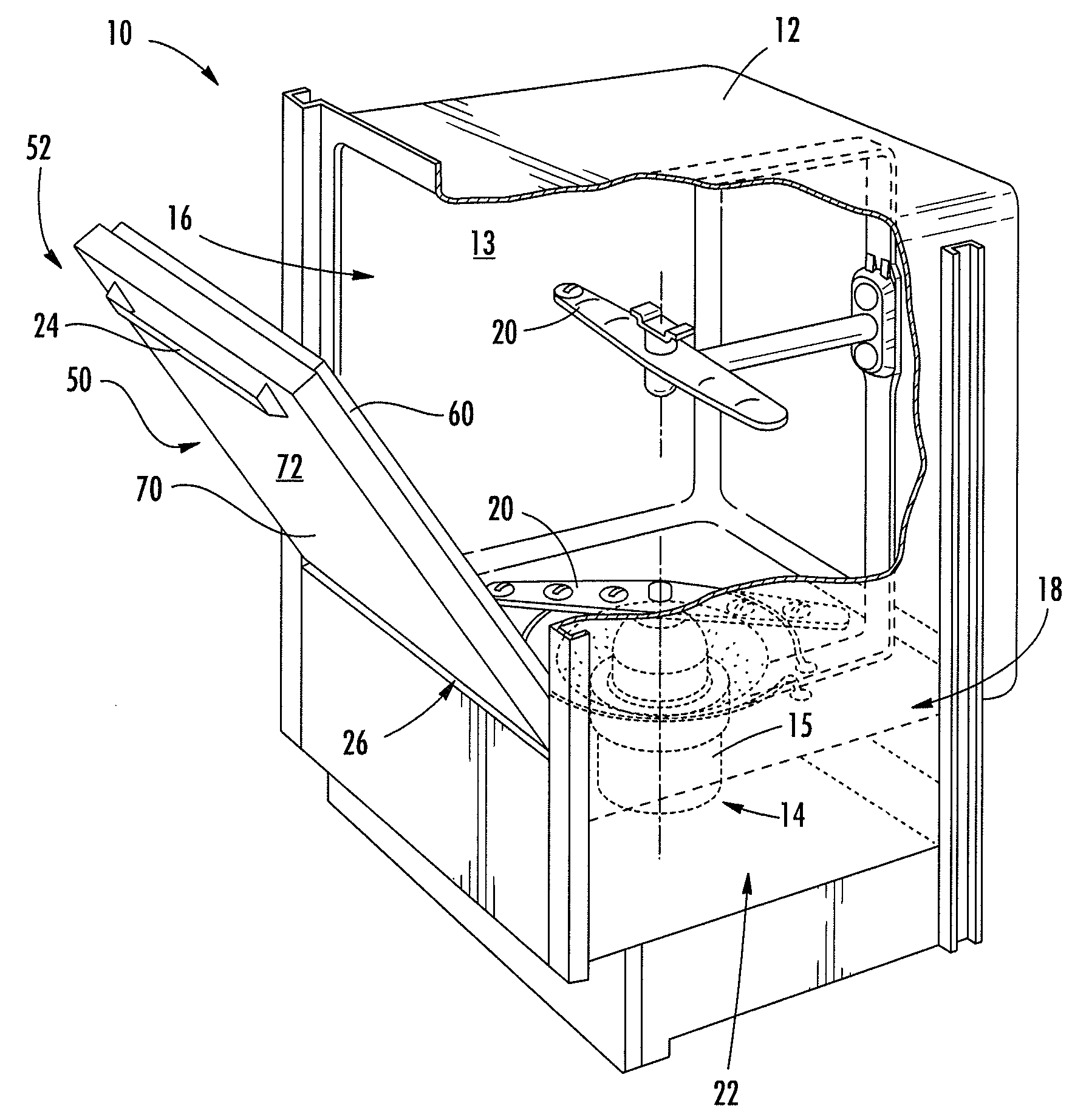 Dishwasher, a door assembly for the dishwasher, and an associated method for drying dishware