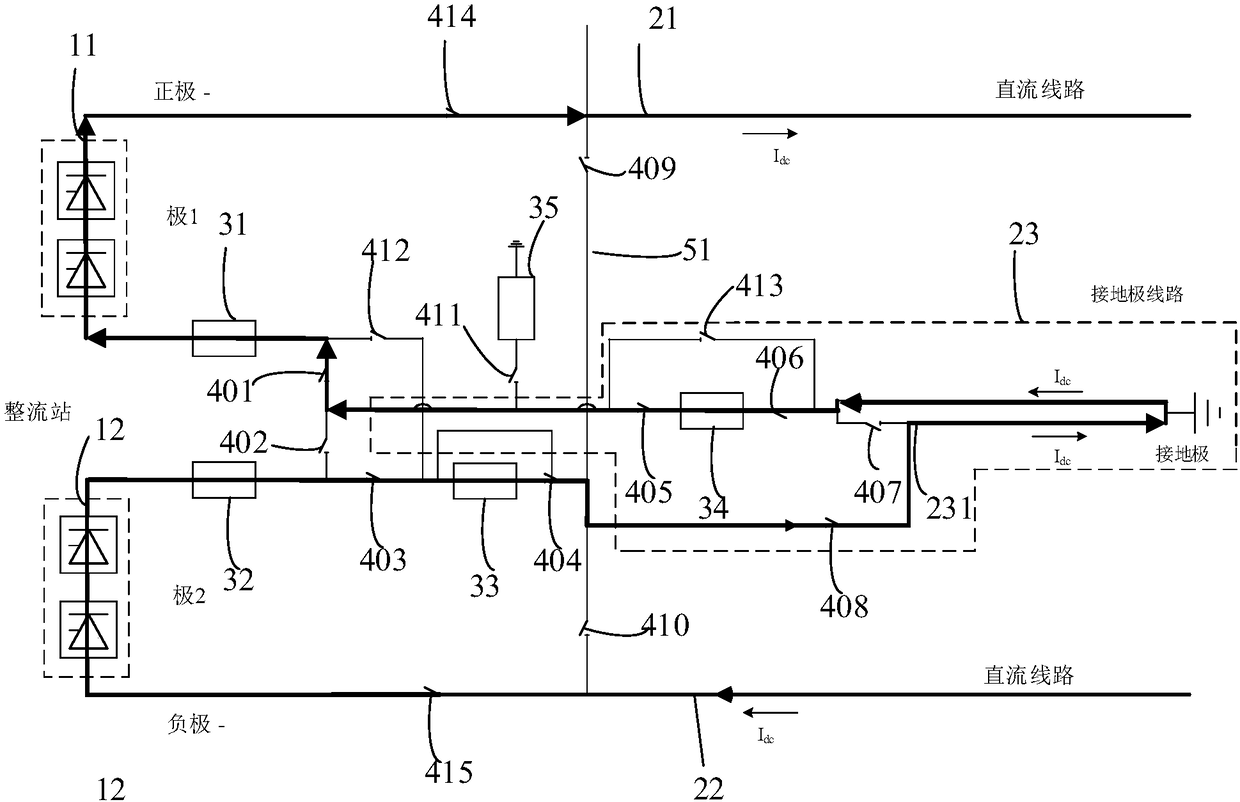 Direct current transmission system with grounding polar circuit melting function and operation method therefor