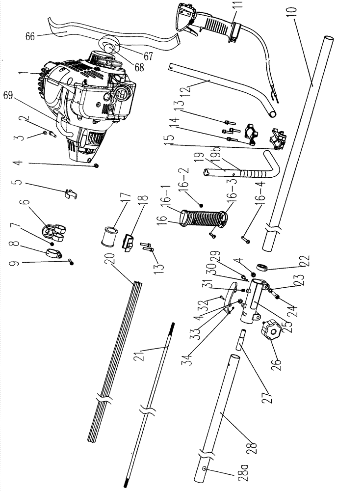 Low-emission gasoline grass mower with collar cutter and long grass pressing wheel