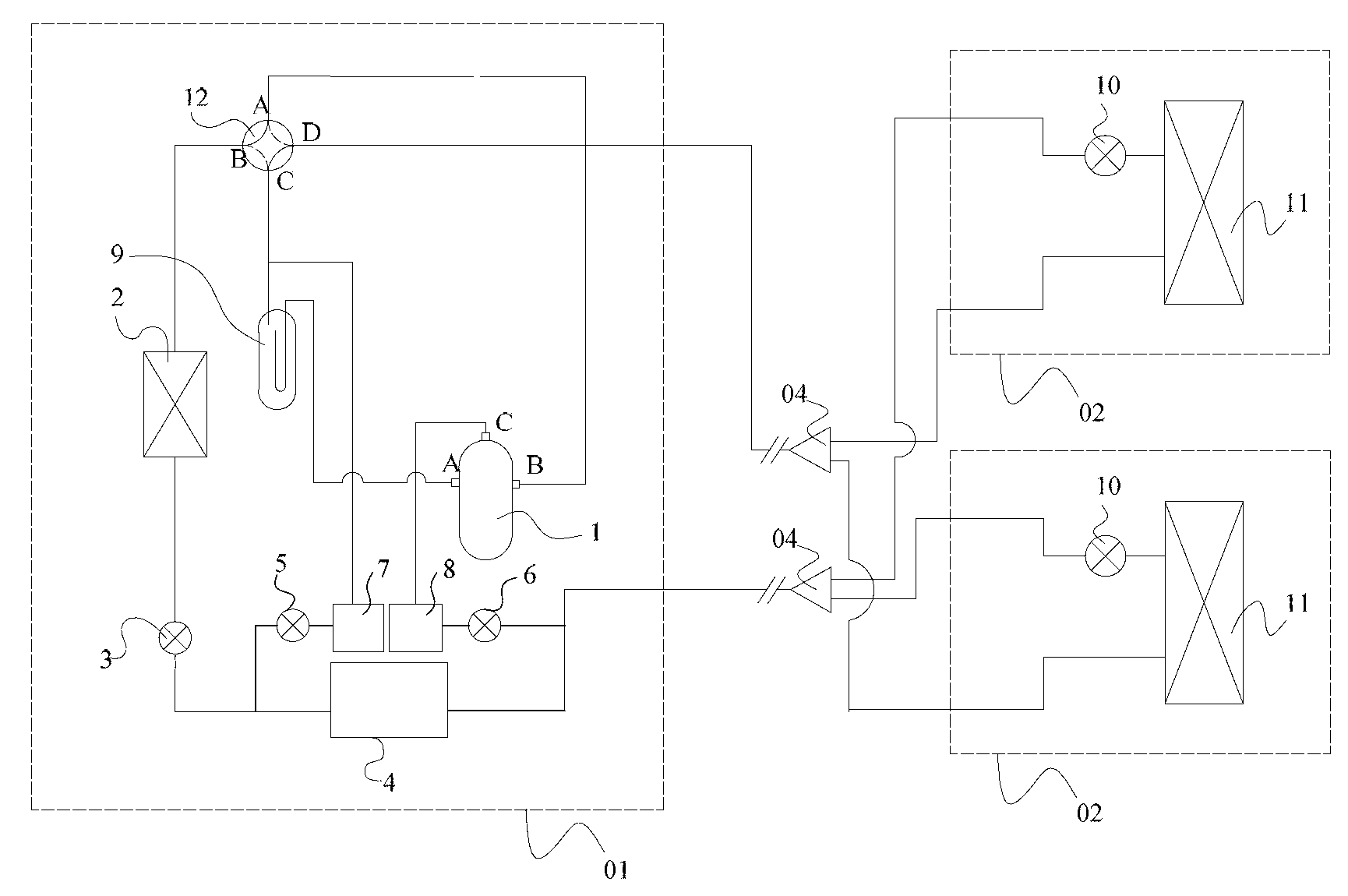 Cold-region used multi-connected heat pump system and control method thereof