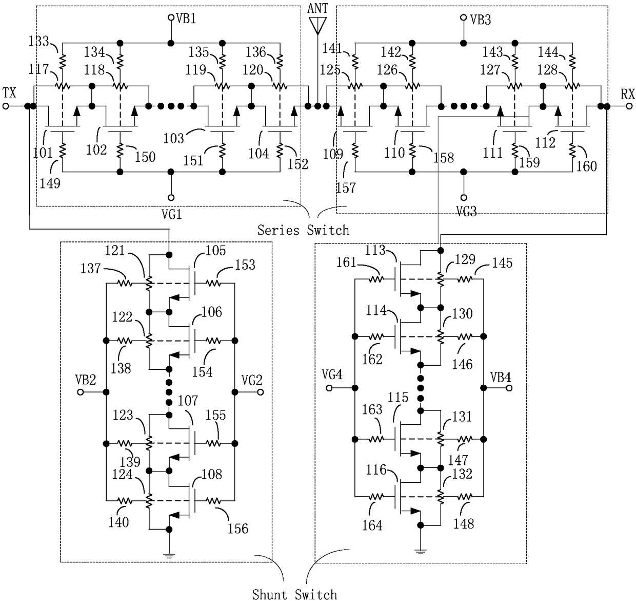 CMOS SOI radio frequency switching circuit