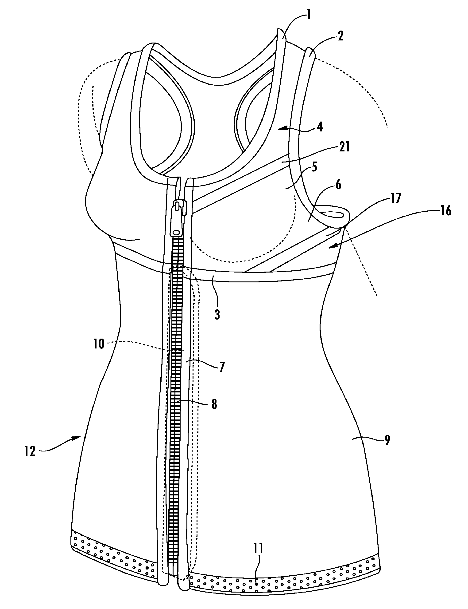 Sports bra with integral fitted sauna suit