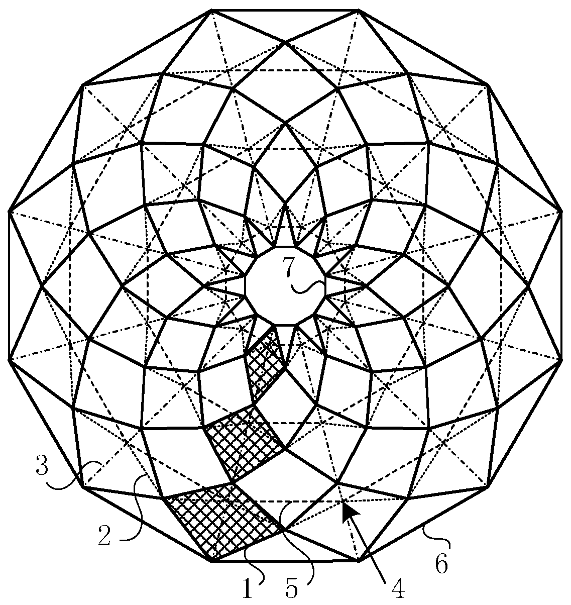 Sunflower three-strut single-inclined-cable cable dome structure