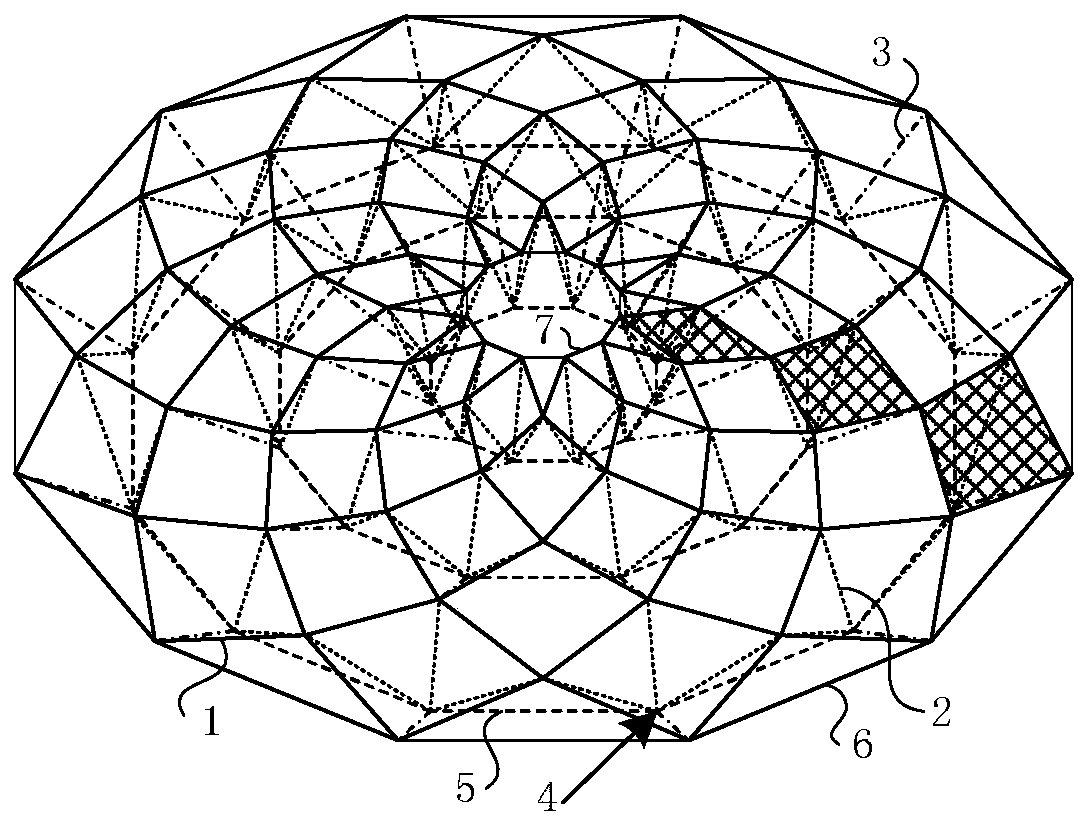 Sunflower three-strut single-inclined-cable cable dome structure