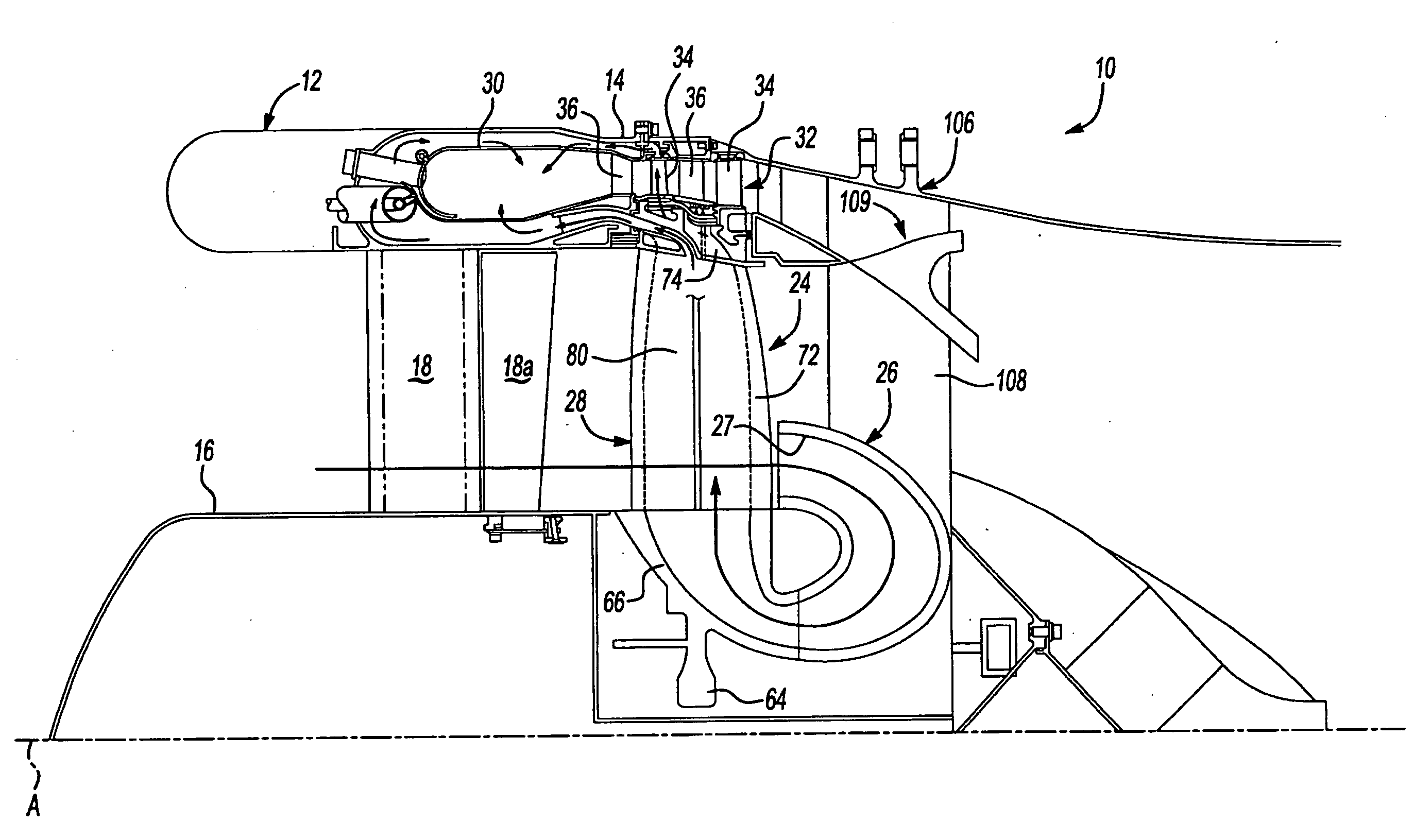 Tip turbine engine and operating method with reverse core airflow