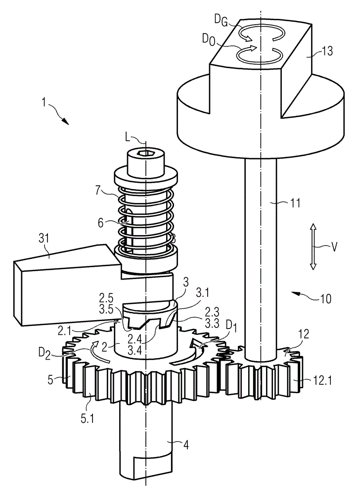 Transmission device for a compact circuit breaker for the transfer of torque and actuating means of a compact circuit breaker