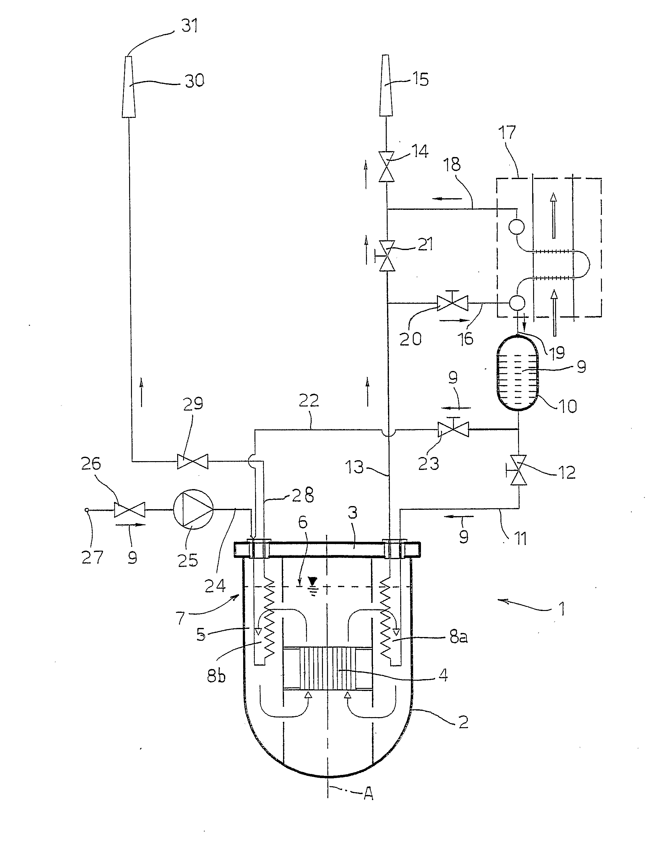 System for evacuating the residual heat from a liquid metal or molten salts cooled nuclear reactor