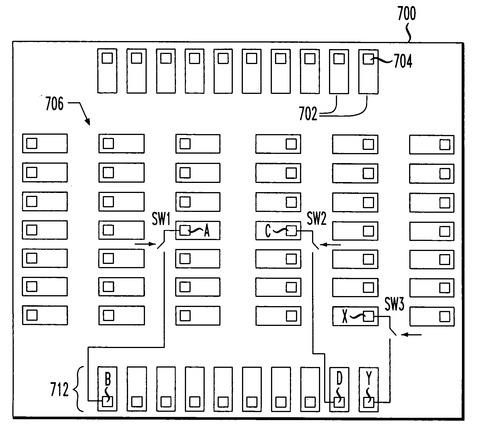 Integrated circuit with controllable test access to internal analog signal pads of an area array