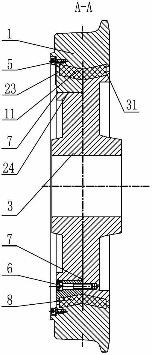 Compression-shear compound elastic wheel for rail vehicles