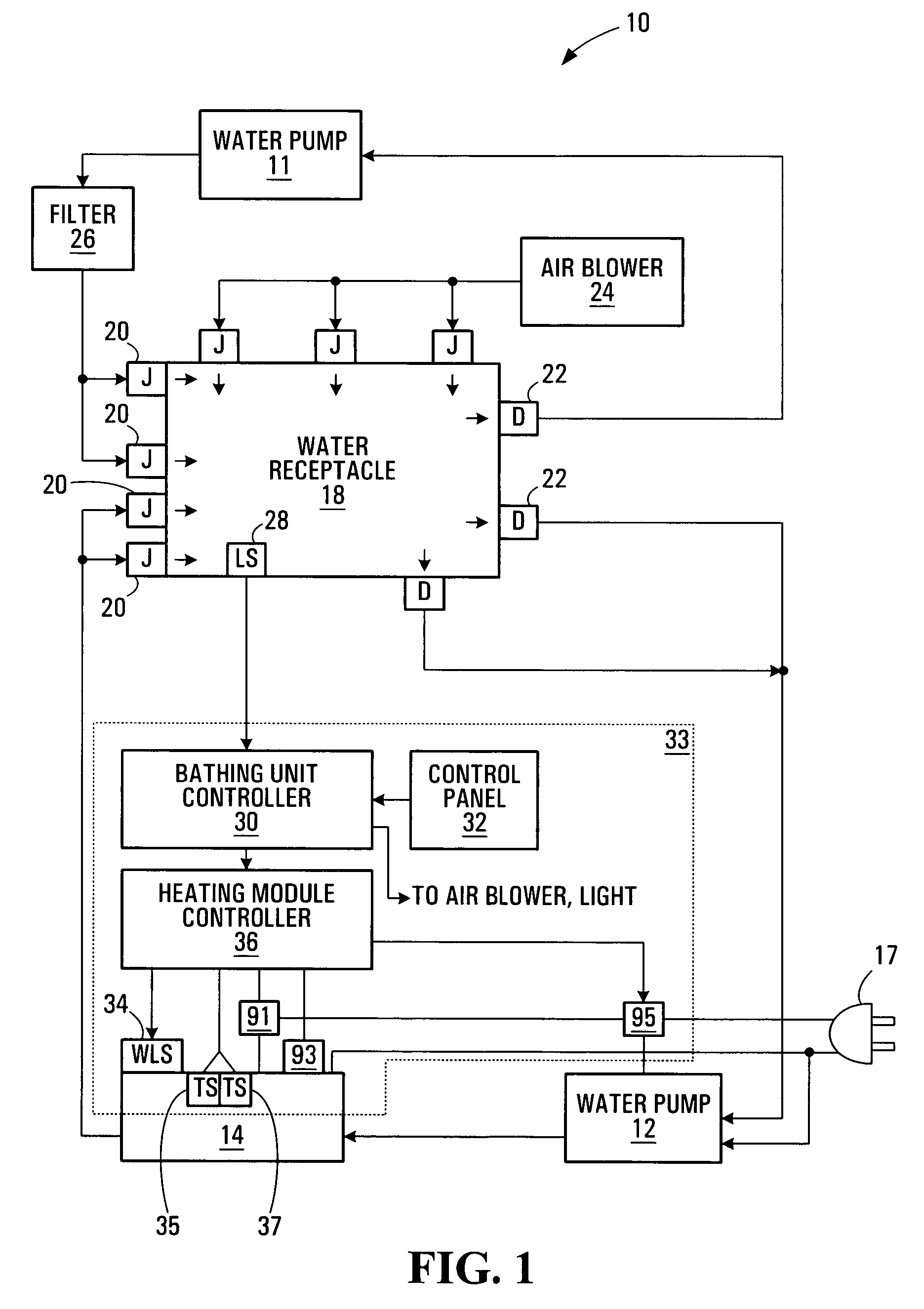 Water flow detection system for a bathing unit