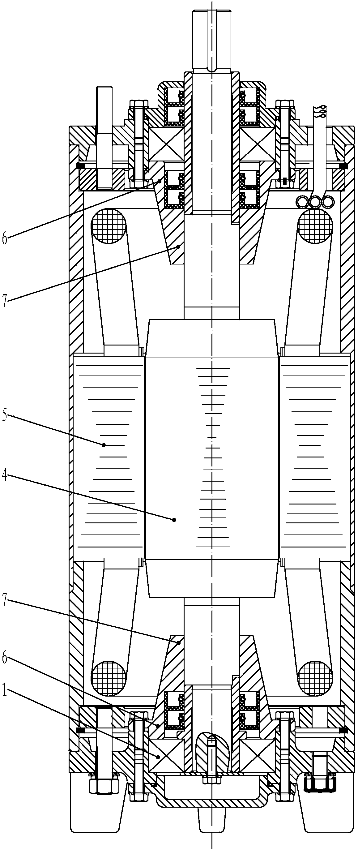 Bearing gland at end of submersible pump rotor shaft