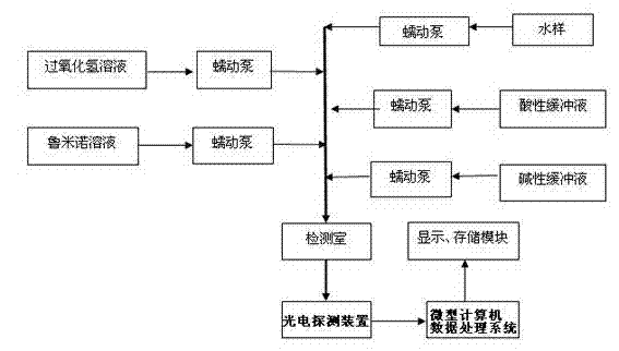 Method for measuring dissolved oxygen of water body by flow-injection chemiluminiscence mode