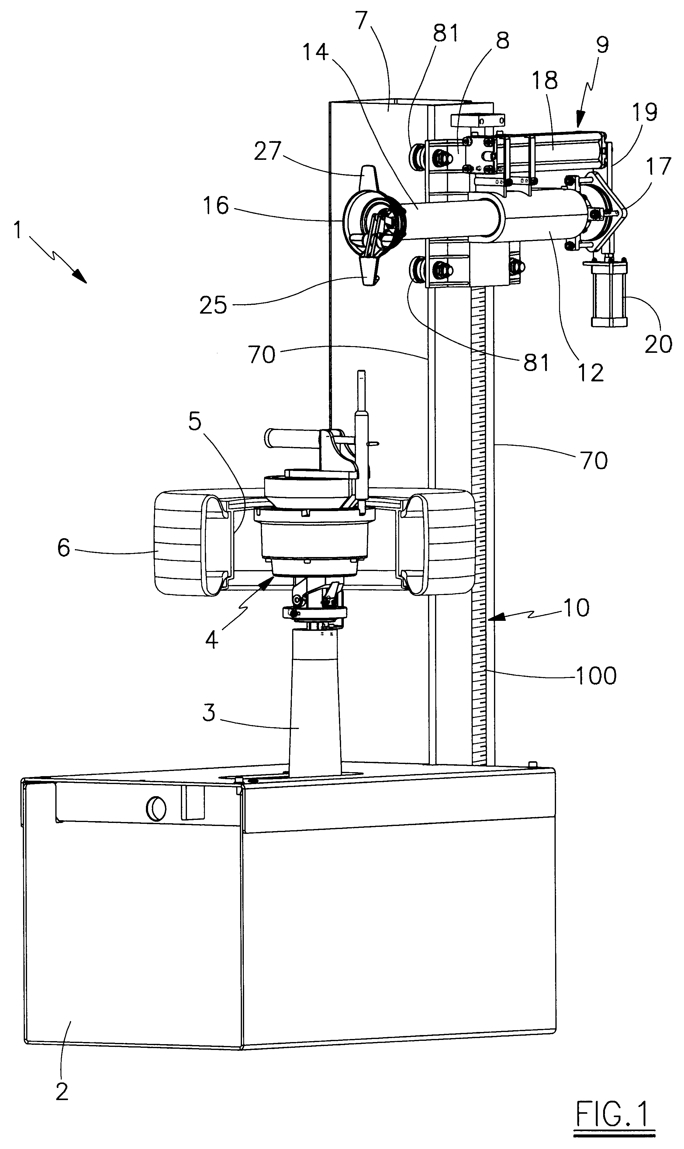 Automatic tyre removal and mounting device and tyre removal machines equipped therewith