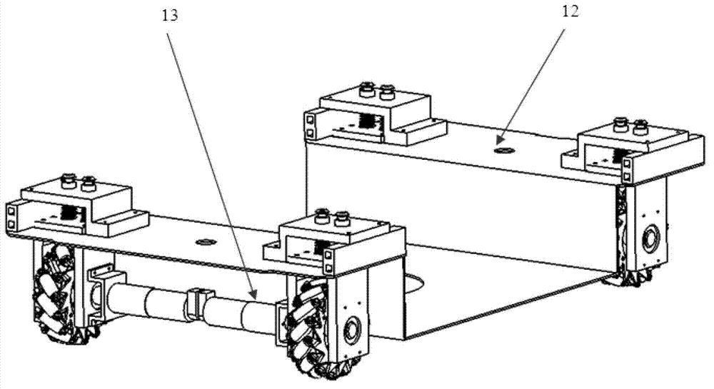 Dual-sliding shaft floatation supporting mechanism of omnibearing movable AGV (Automatic Guided Vehicle)