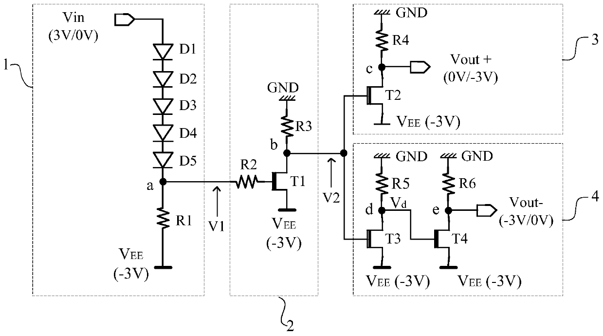 GaAs HEMT (high electron mobility transistor) process-based positive-voltage-to-negative-voltage logic circuit