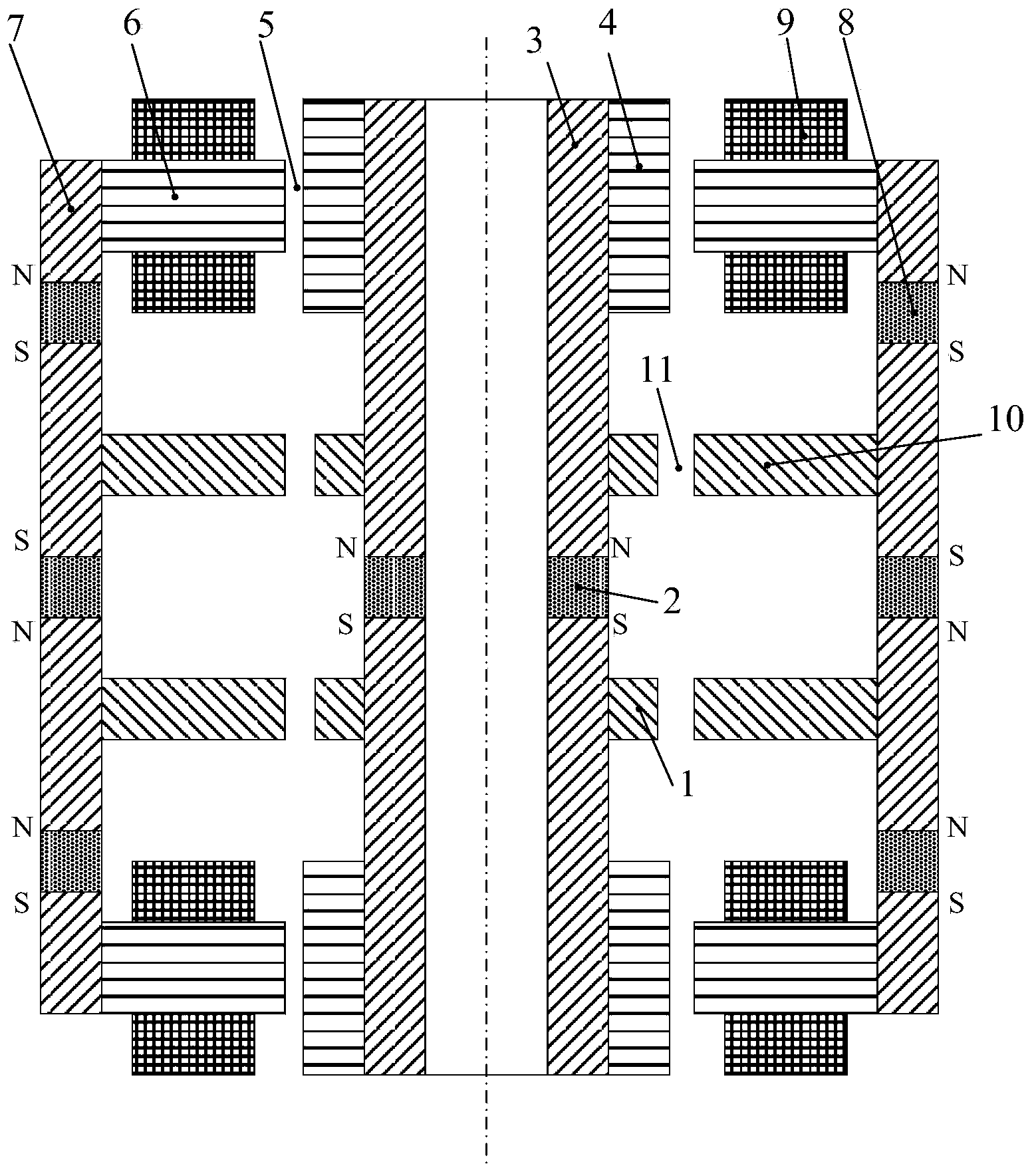 Four-degree-of-freedom inner rotor magnetic bearing