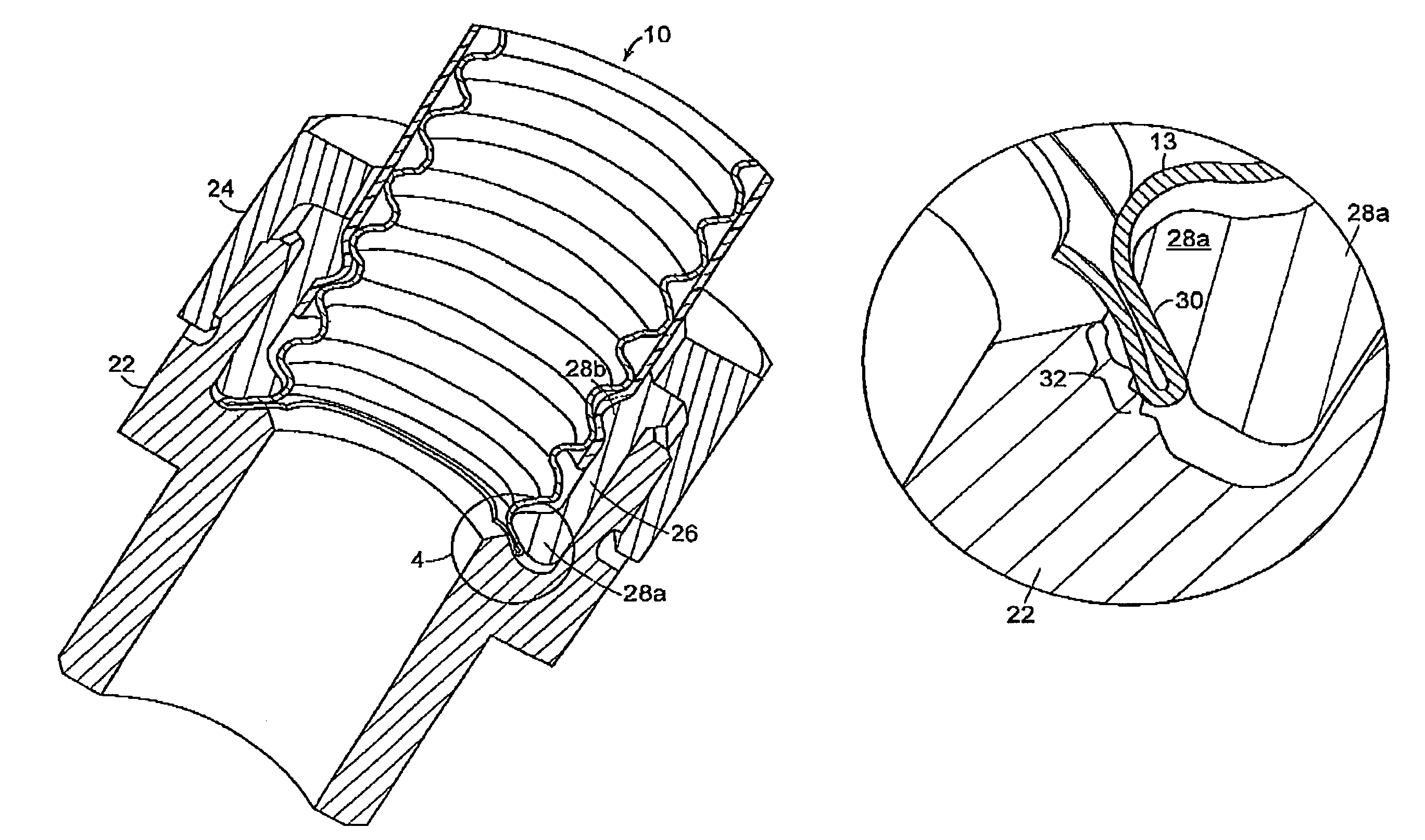 Corrugated tube fitting with a ridge sealing device and method