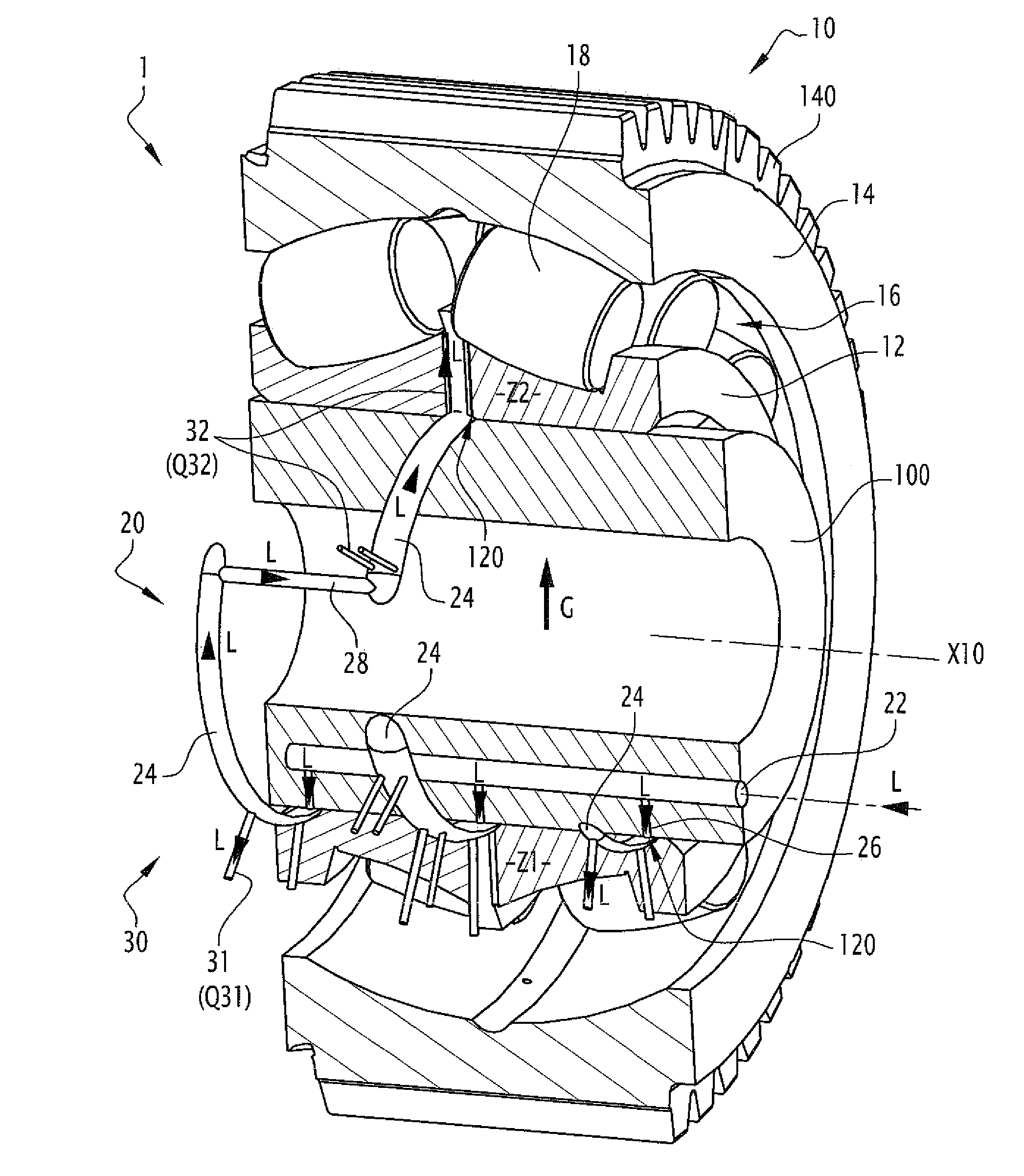 Mechanical device comprising a bearing and a lubrication system, implementing machine and method