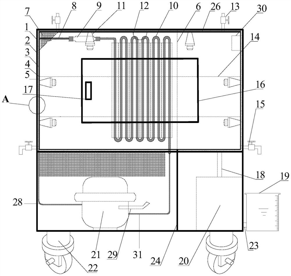 Concrete freezing and thawing test device under coupling action of multiple environmental factors