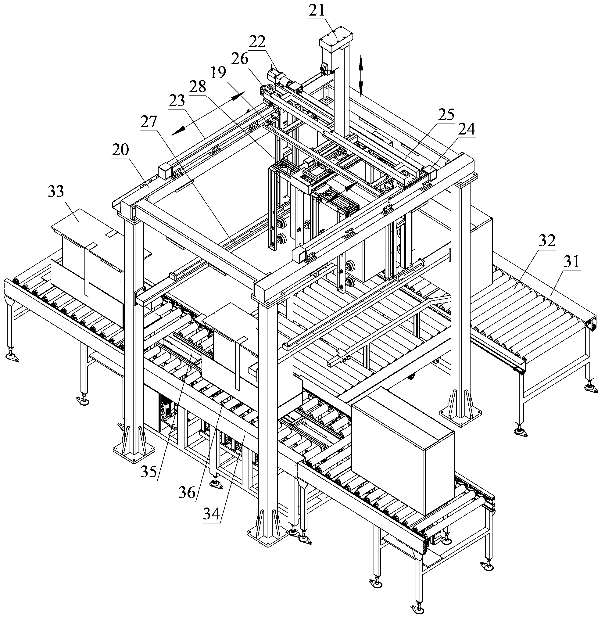 Packaging box automatic box sleeving device and electric appliance packaging production line